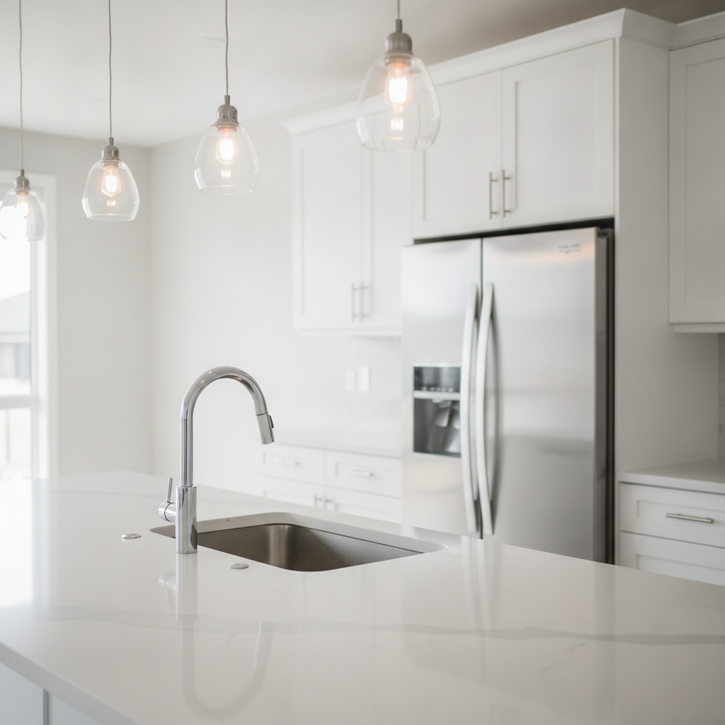 Modern Edmonton kitchen interior detail in a home for sale, highlighting quartz countertops, stainless appliances, and bright finishes for buyers browsing MLS listings Edmonton