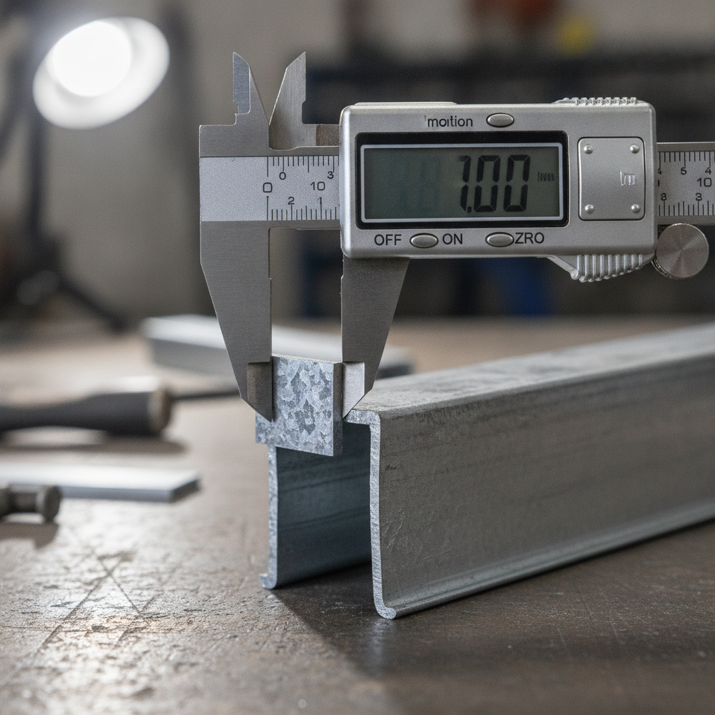 Close-up of C stud dimensions with calipers measuring web and flange for steel studs