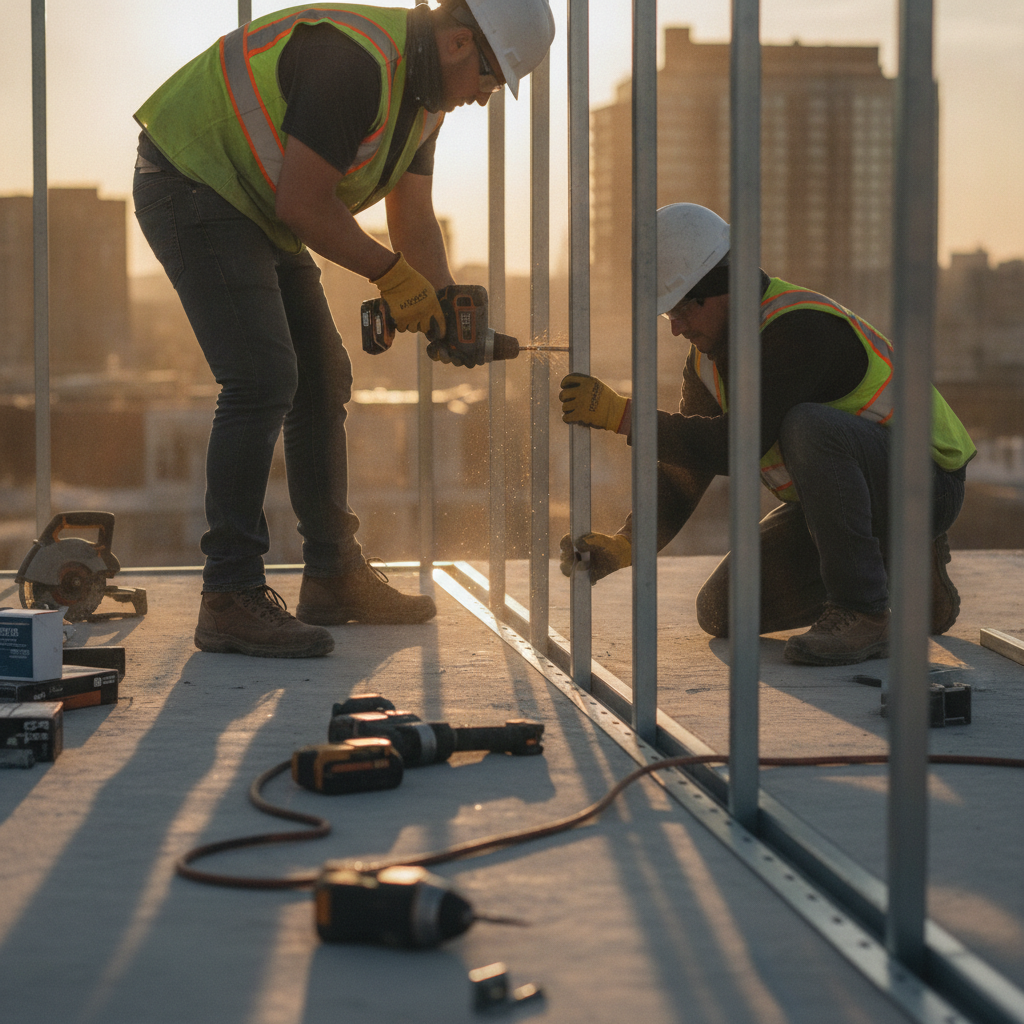 Installers setting C studs into a slotted deflection track at a slab edge