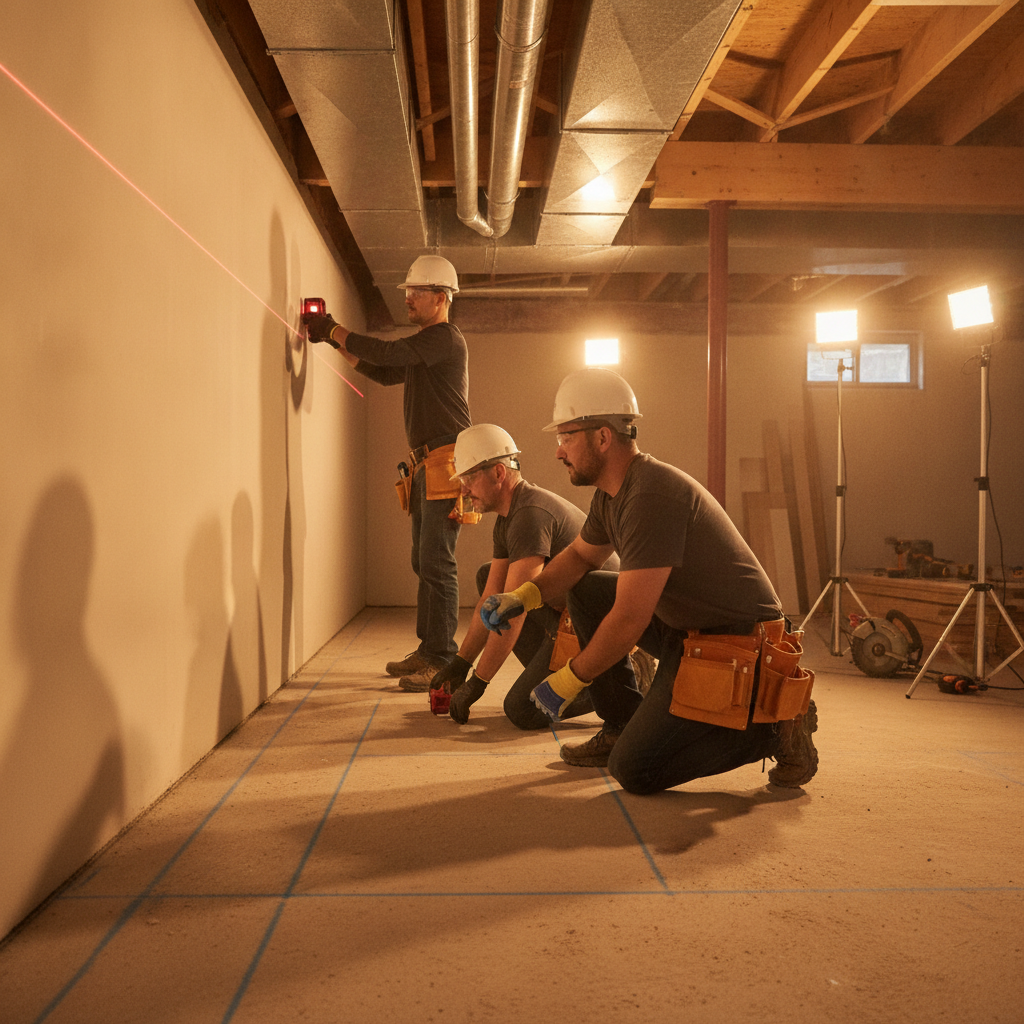 Basement finishing contractors measuring an unfinished basement with laser level for precise layout in The Meadows