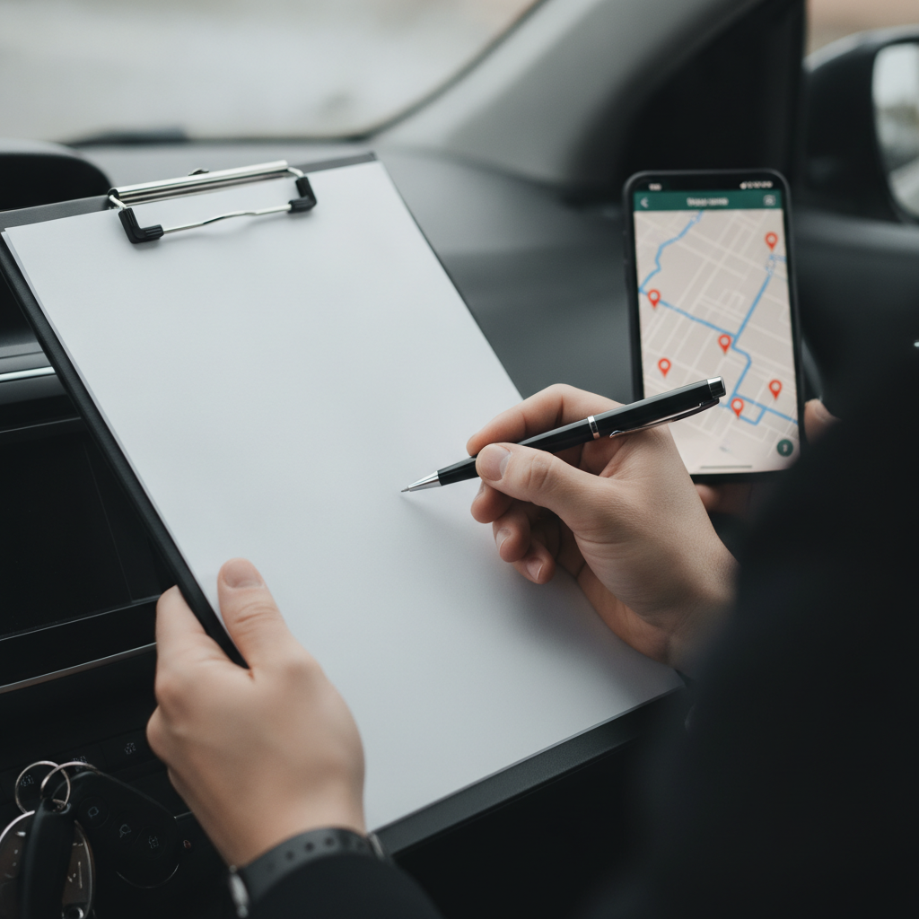 Close-up of a Brampton open house search checklist with a smartphone route map and car keys, showing organized planning for touring homes
