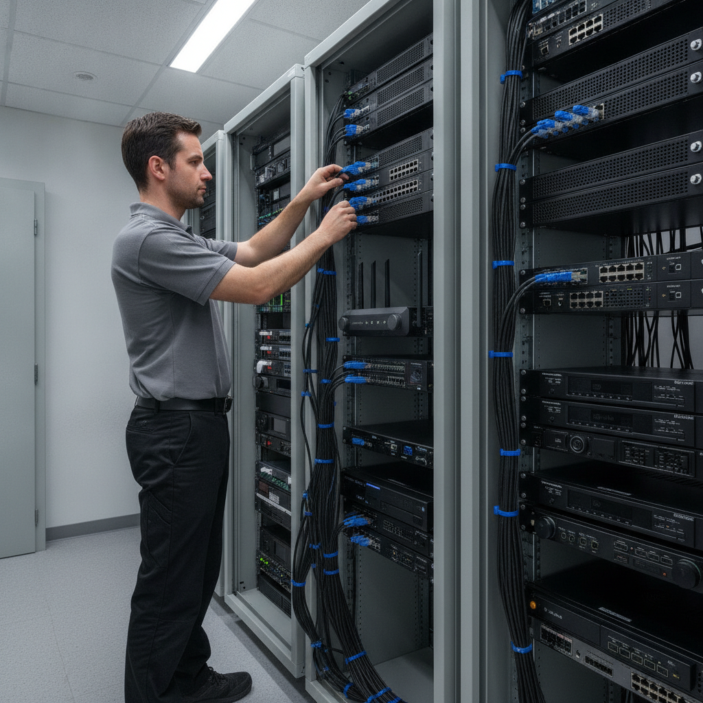 Technician organizing a smart home media rack with network switches and AV gear for reliable home automation services