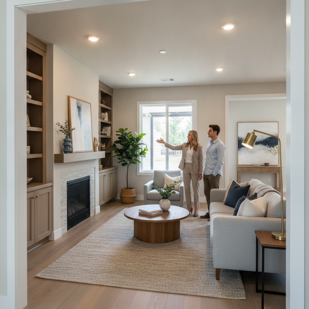 Staged living room during a Brampton open house with an agent guiding buyers through features and layout