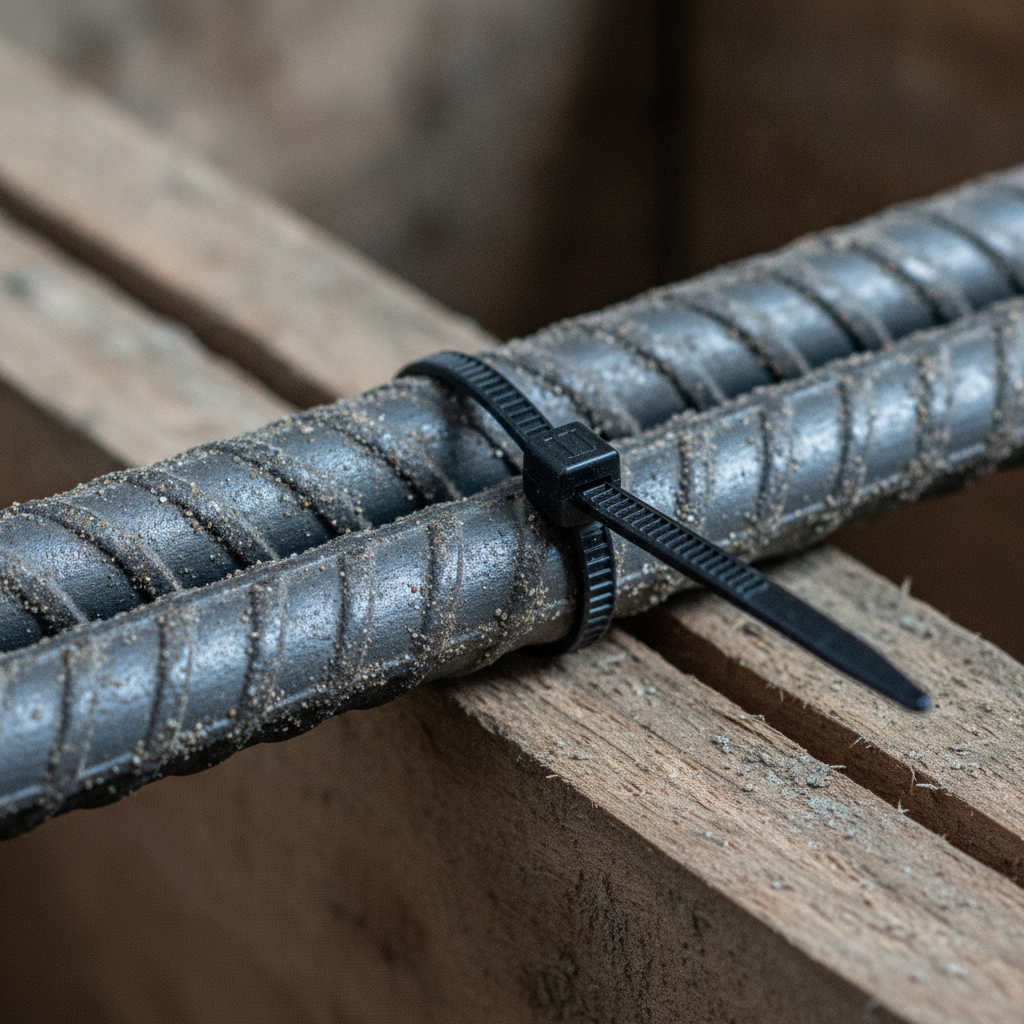 Close-up of sand-coated GFRP rebar texture and plastic tie used in GFRP construction for non-corrosive reinforcement