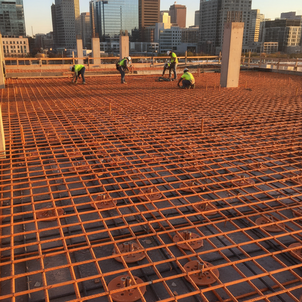 Crew installing orange GFRP bars and stirrups in a parking garage slab, demonstrating GFRP construction workflow