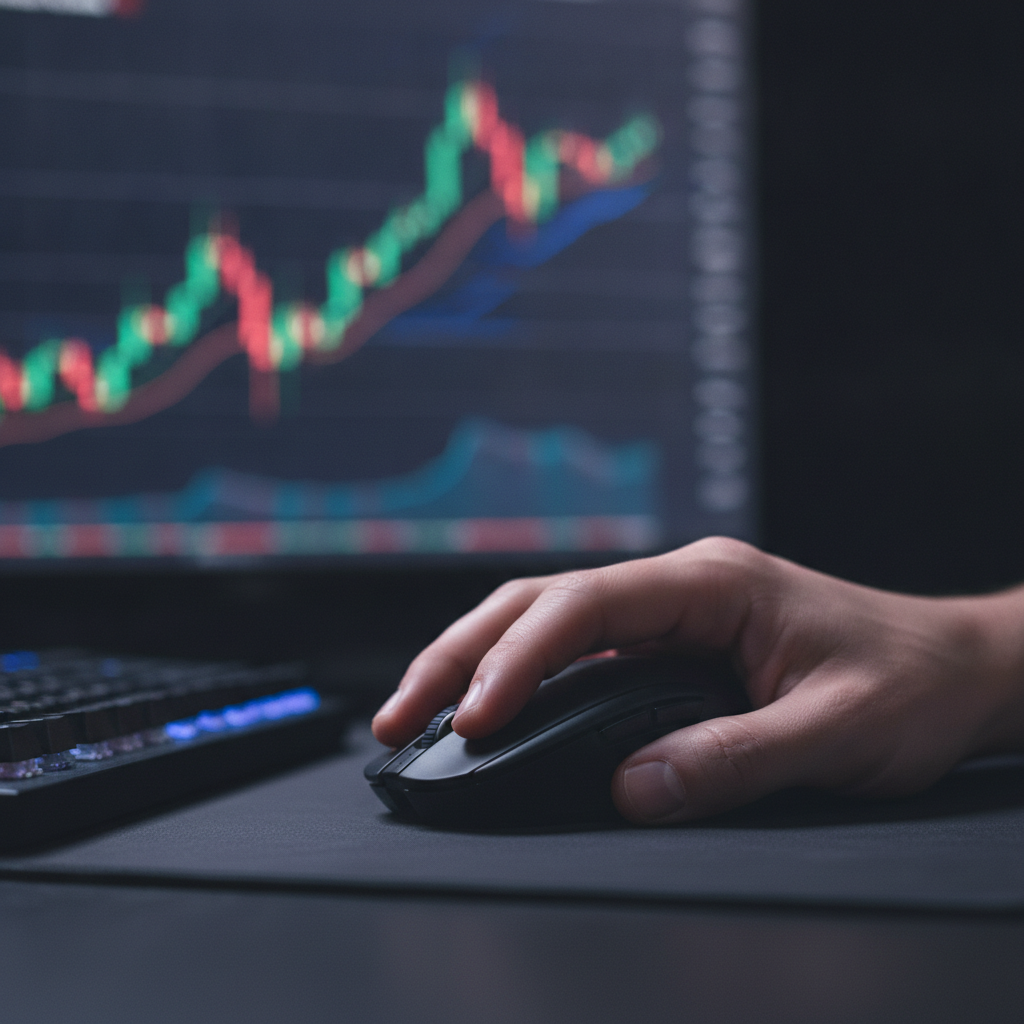 Close-up of a trader’s hand on a mouse beside a keyboard with a blurred chart, illustrating precise execution of stock signals entries and stops