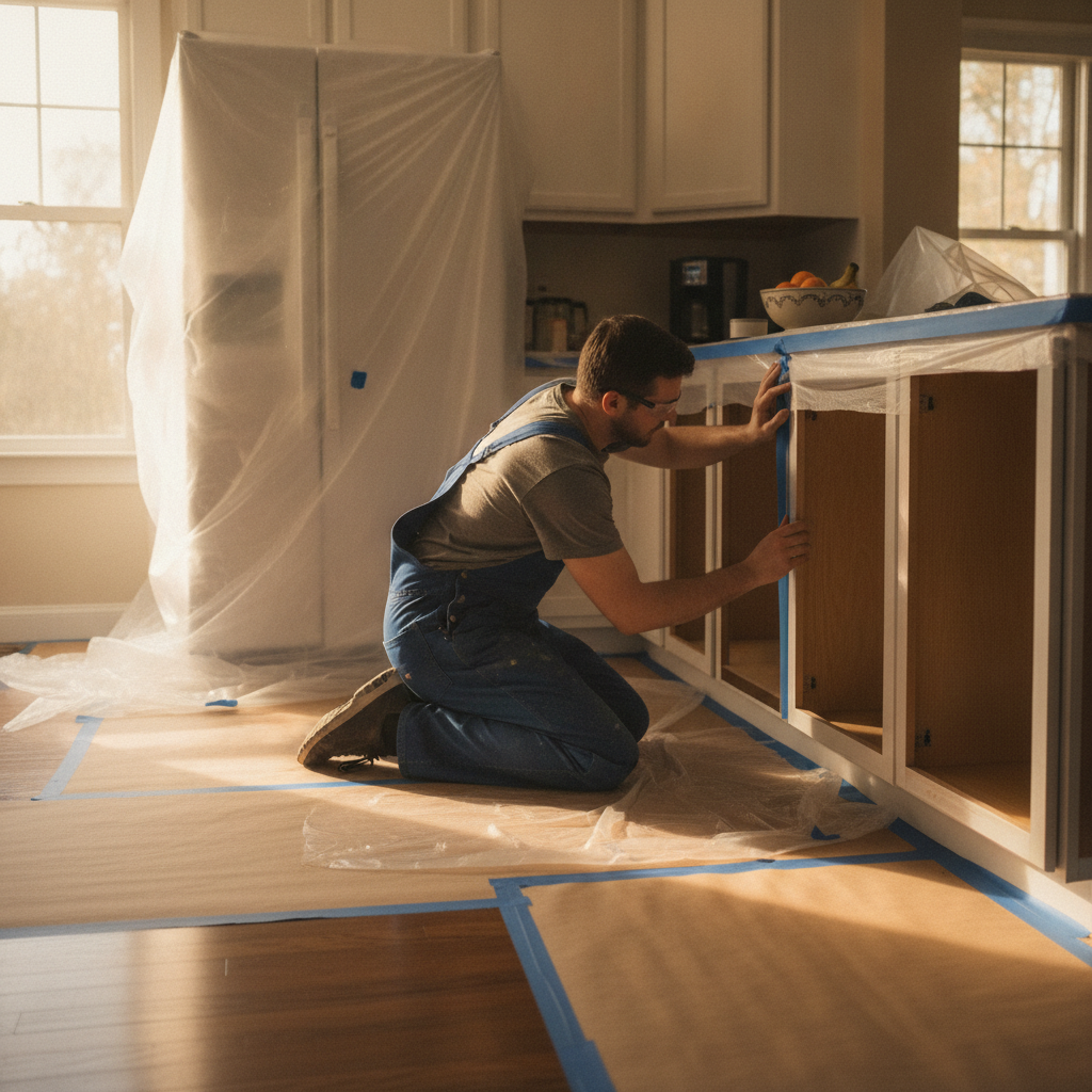 Careful masking and taping of cabinet frames during kitchen cabinet refinishing in York