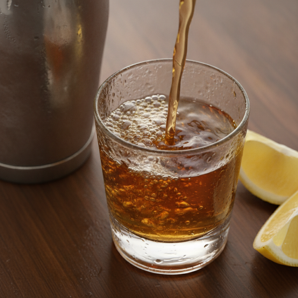 Close-up of whiskey poured into a chilled shot glass with lemon wedges and a shaker for whiskey shooters