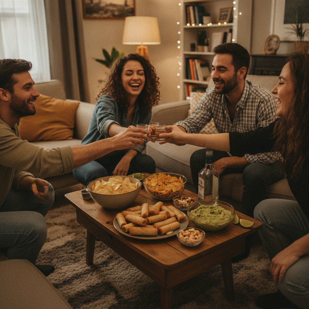 Friends clinking shot glasses in a cozy living room, celebrating with whiskey shooters at a house party