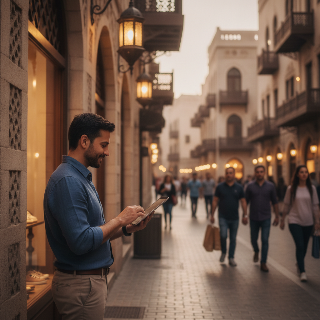 Small Dubai retailer reviewing PPC results near a storefront, illustrating Dubai PPC advertising outcomes