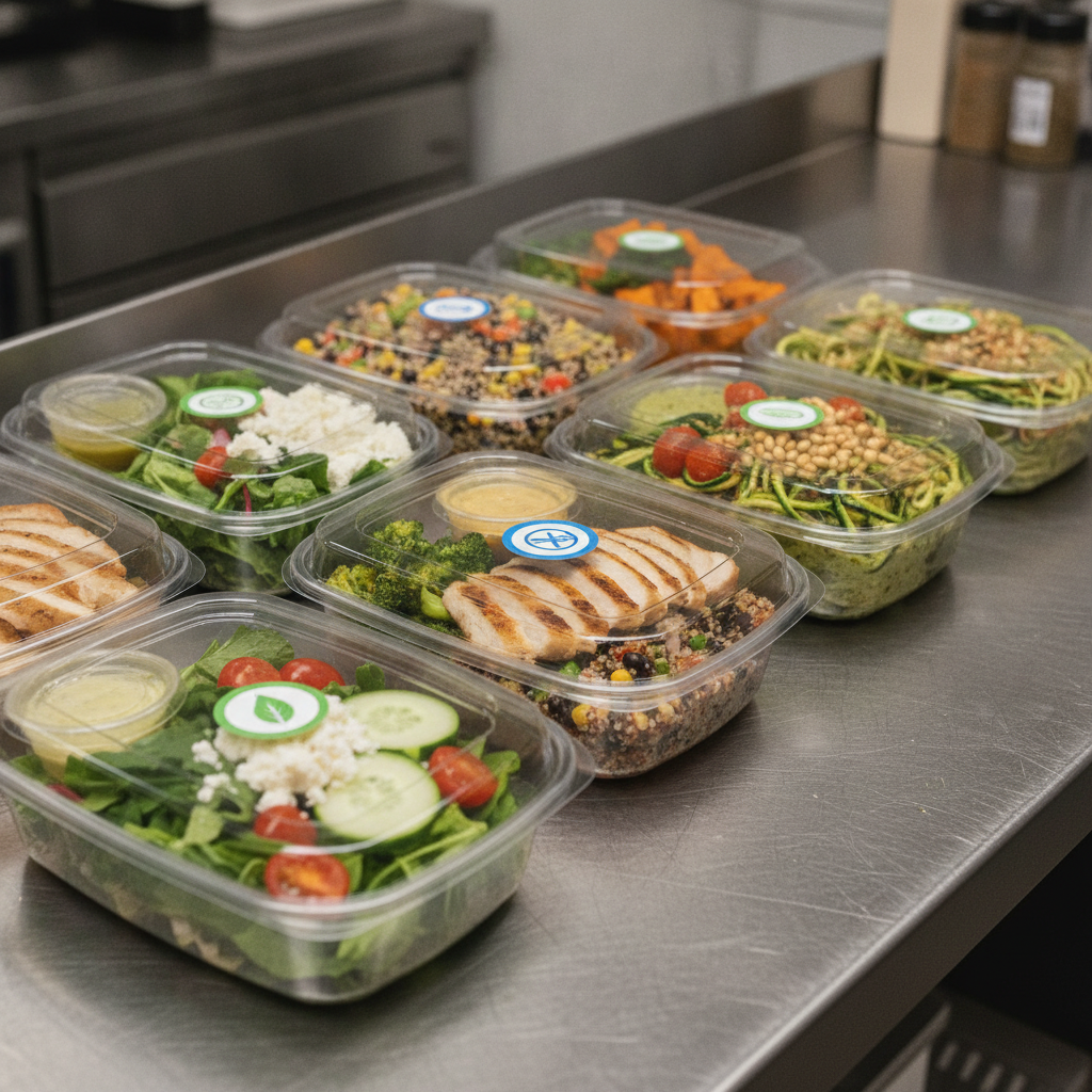 Individually packaged personalized catering meals with clear lids and colorful, labeled components ideal for corporate workshops