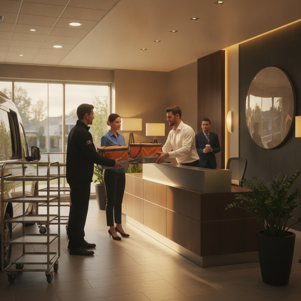Catering delivery handoff in an office lobby, insulated carriers arriving on time for a personalized catering drop