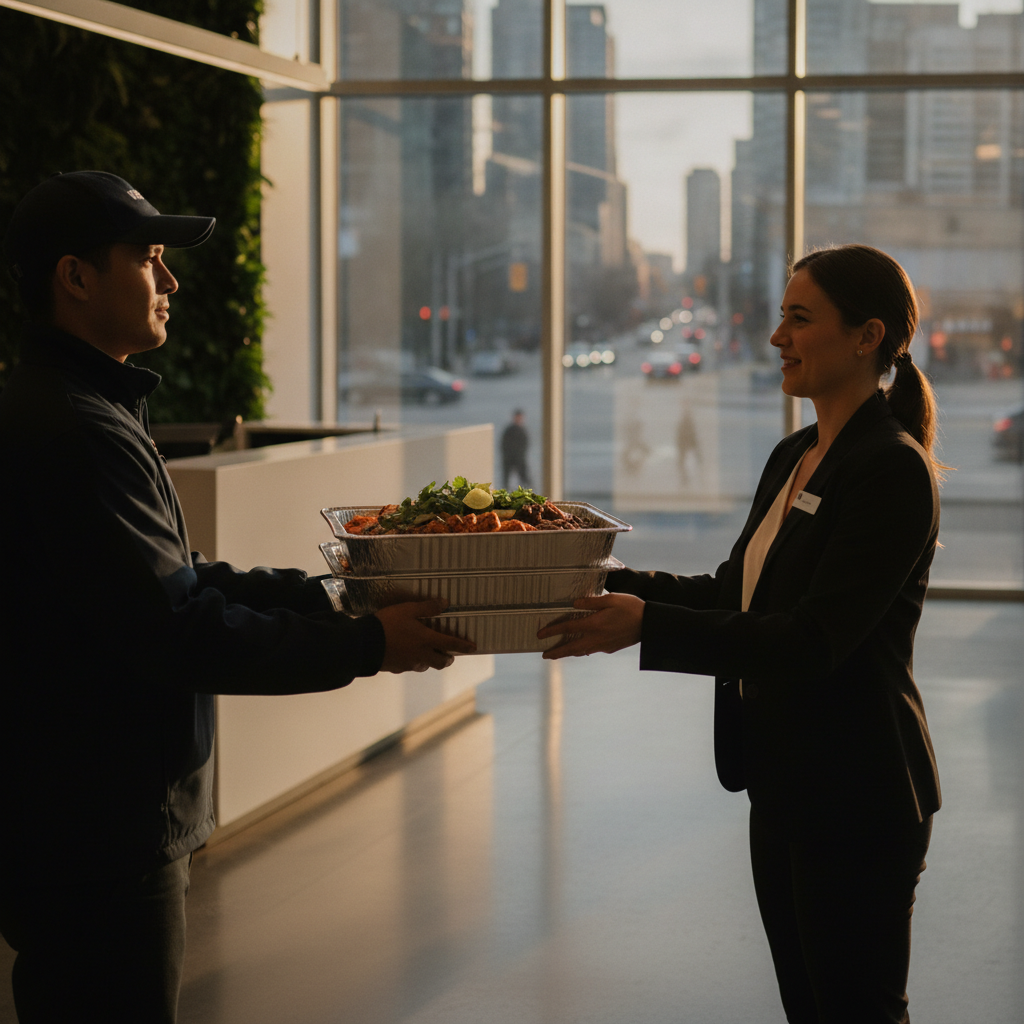 Mexican grill catering trays being delivered for an Old Toronto event, eco-friendly packaging, warm lighting
