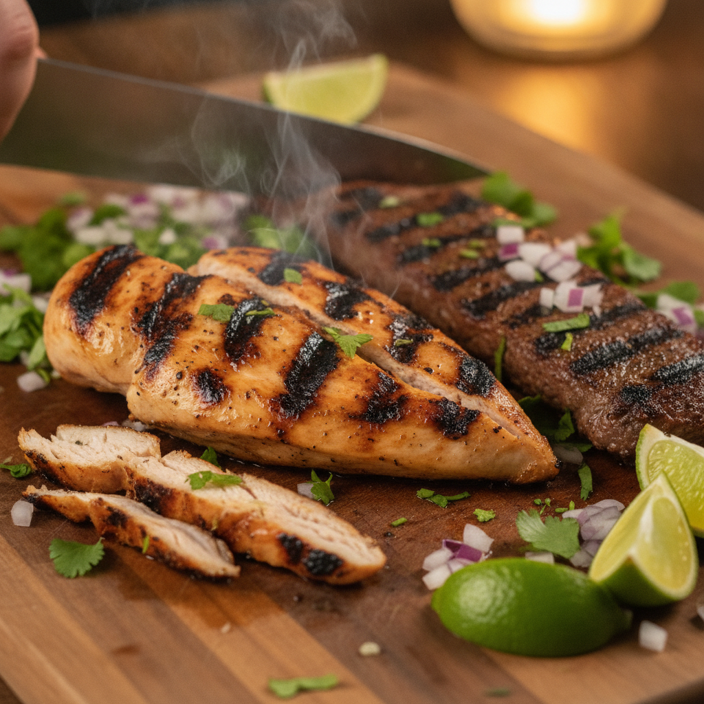 Close-up of sizzling grilled chicken and steak for Mexican grill catering with fresh cilantro, onions, and lime