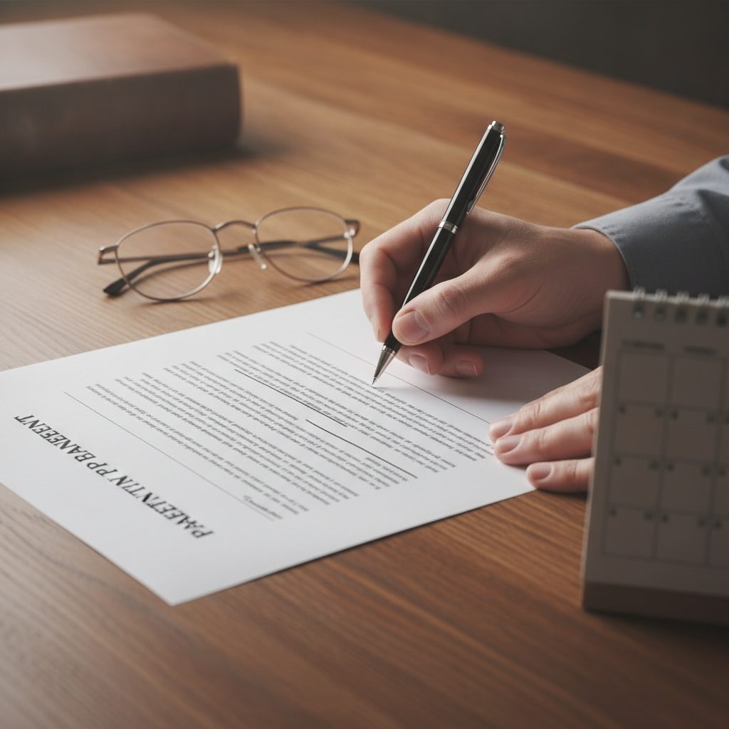 Signing a parenting plan during family divorce with attorney review in Ontario; close-up of hands, pen, and calendar supporting organized agreements