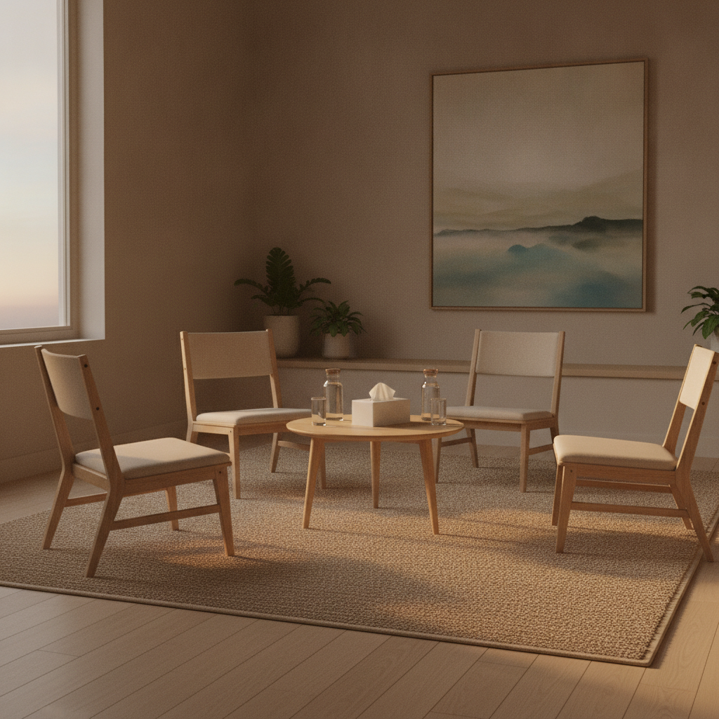 Calm mediation room for family divorce negotiations in Ontario with round table, three chairs, and warm evening light that supports constructive settlement talks