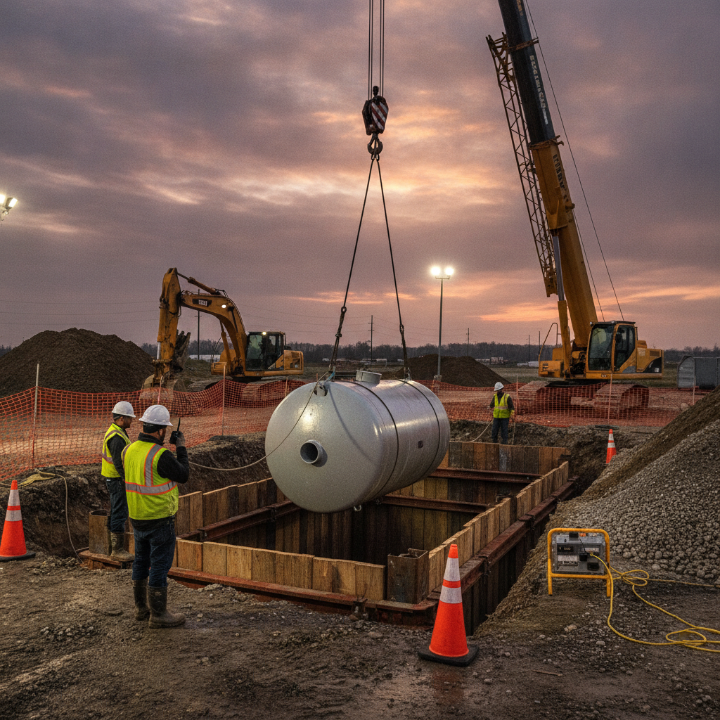 Underground fuel storage tank being placed during gas station construction planning and installation sequence