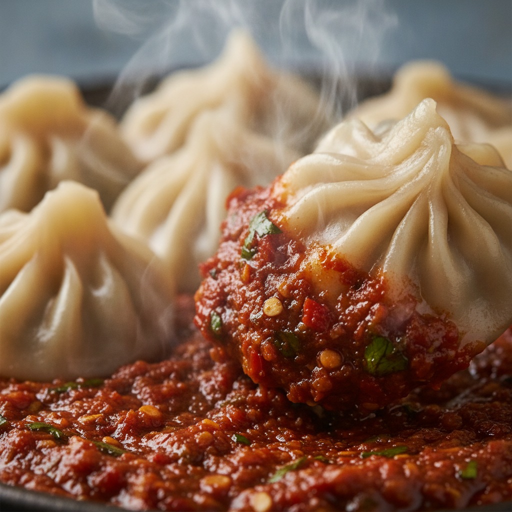 Close-up of steamed momos with chili-garlic chutney at a Kitchener Indian fusion restaurant