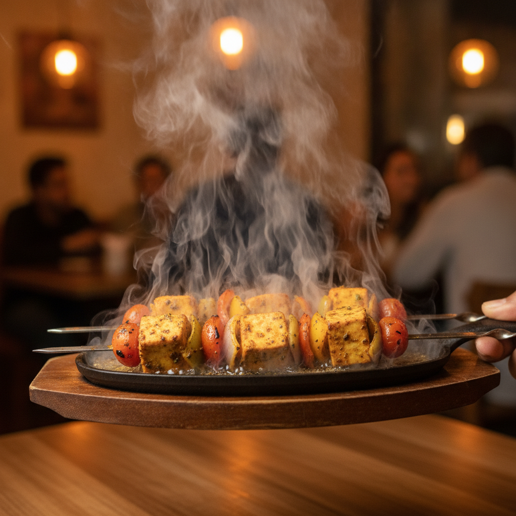 Paneer Shashlik Sizzler on a hot cast-iron platter at a Kitchener Indian fusion restaurant