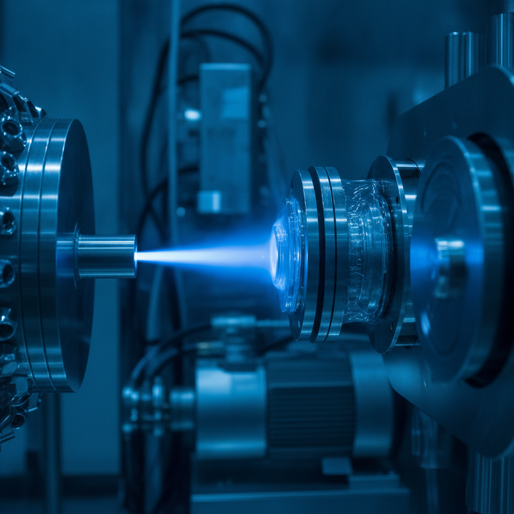 Close-up of physical vapor deposition thin film growth with plasma inside a vacuum chamber, illustrating PVD coating of thin films