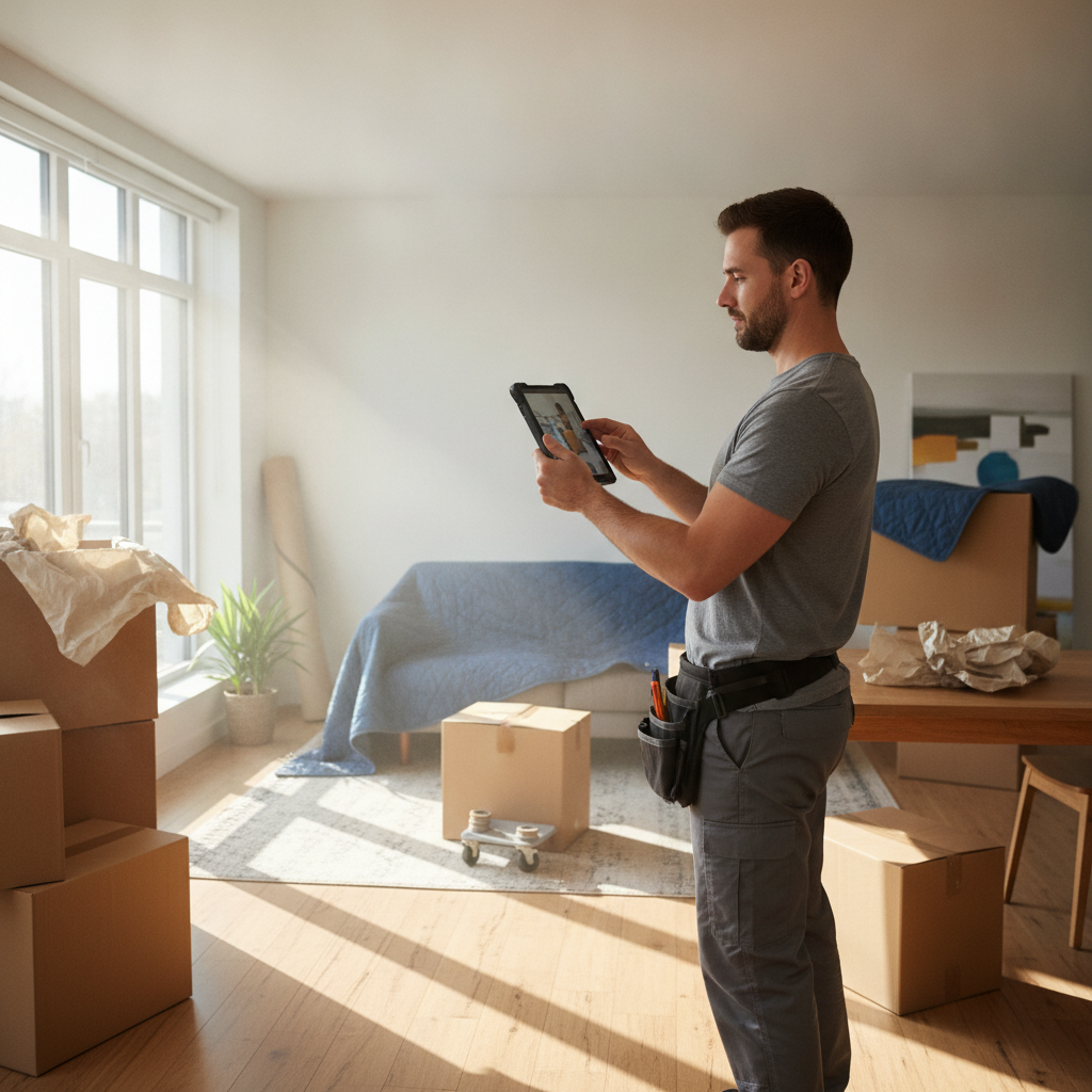Mover documenting a video quote in a living room with protected furniture and labeled boxes
