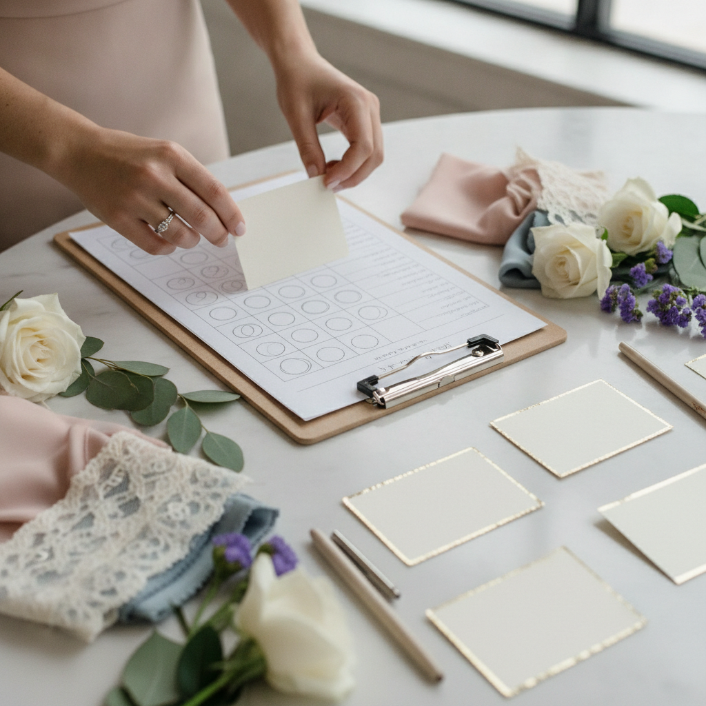 Close-up of a wedding planner in London arranging seating charts, timelines, and fabric swatches for a South Asian wedding