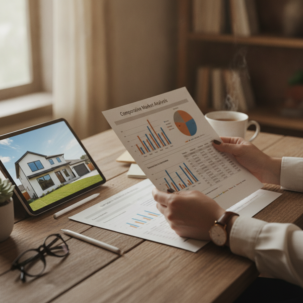 Realtor reviewing comparative market analysis and tablet, illustrating how to determine house market value in Mississauga