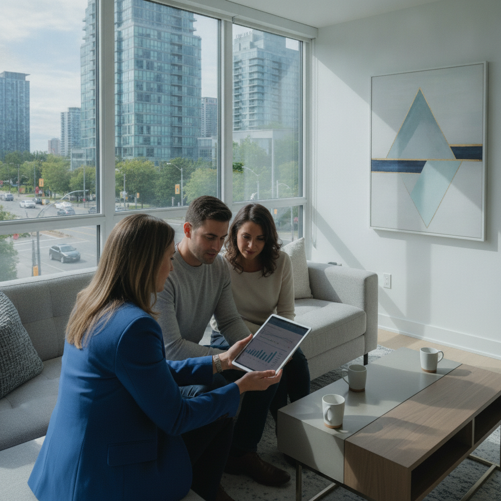 Homeowners reviewing a digital home valuation with a realtor in a bright Mississauga living room, representing data-driven house market value planning