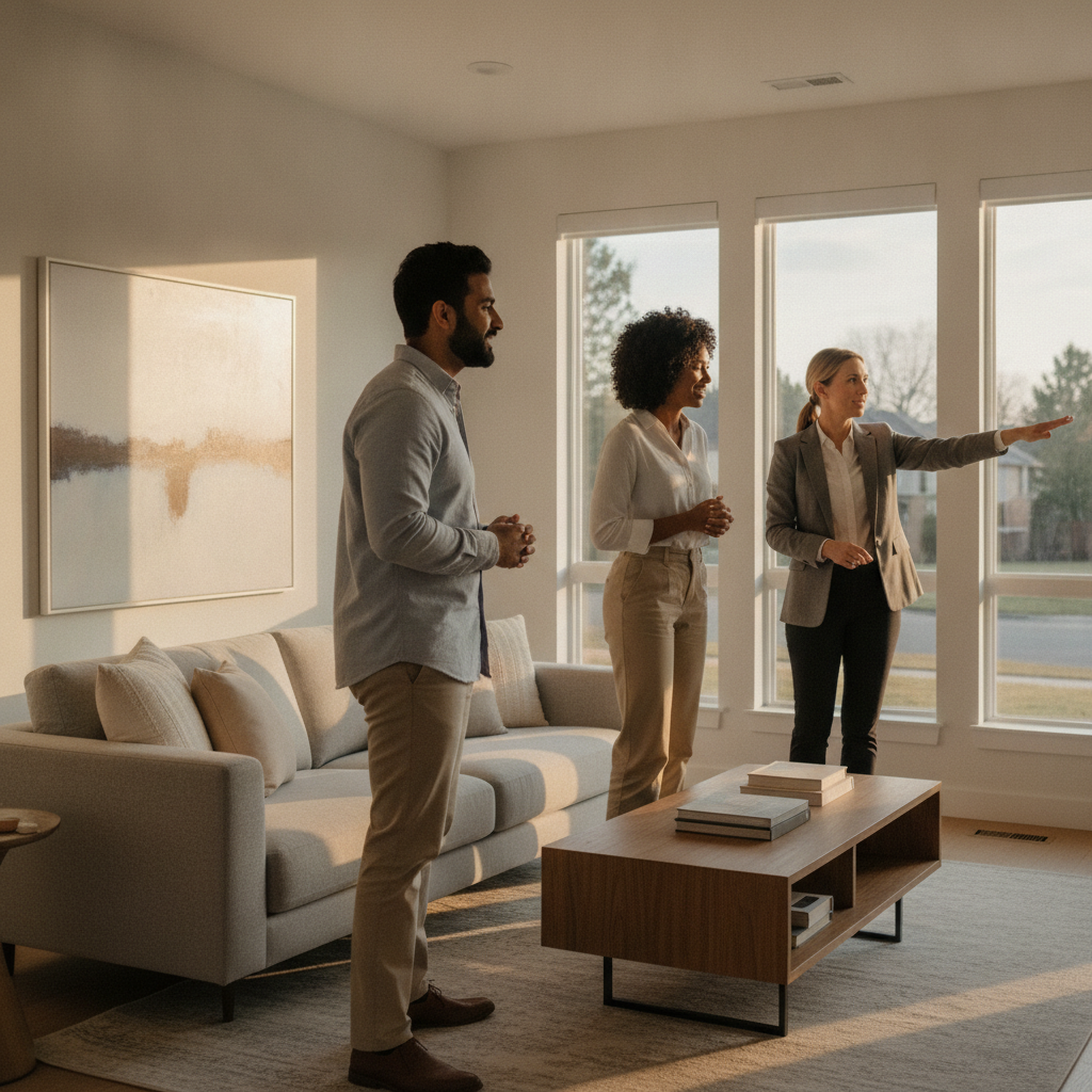 Brampton buyers touring a bright staged living room with a local real estate agent, demonstrating showing-day best practices