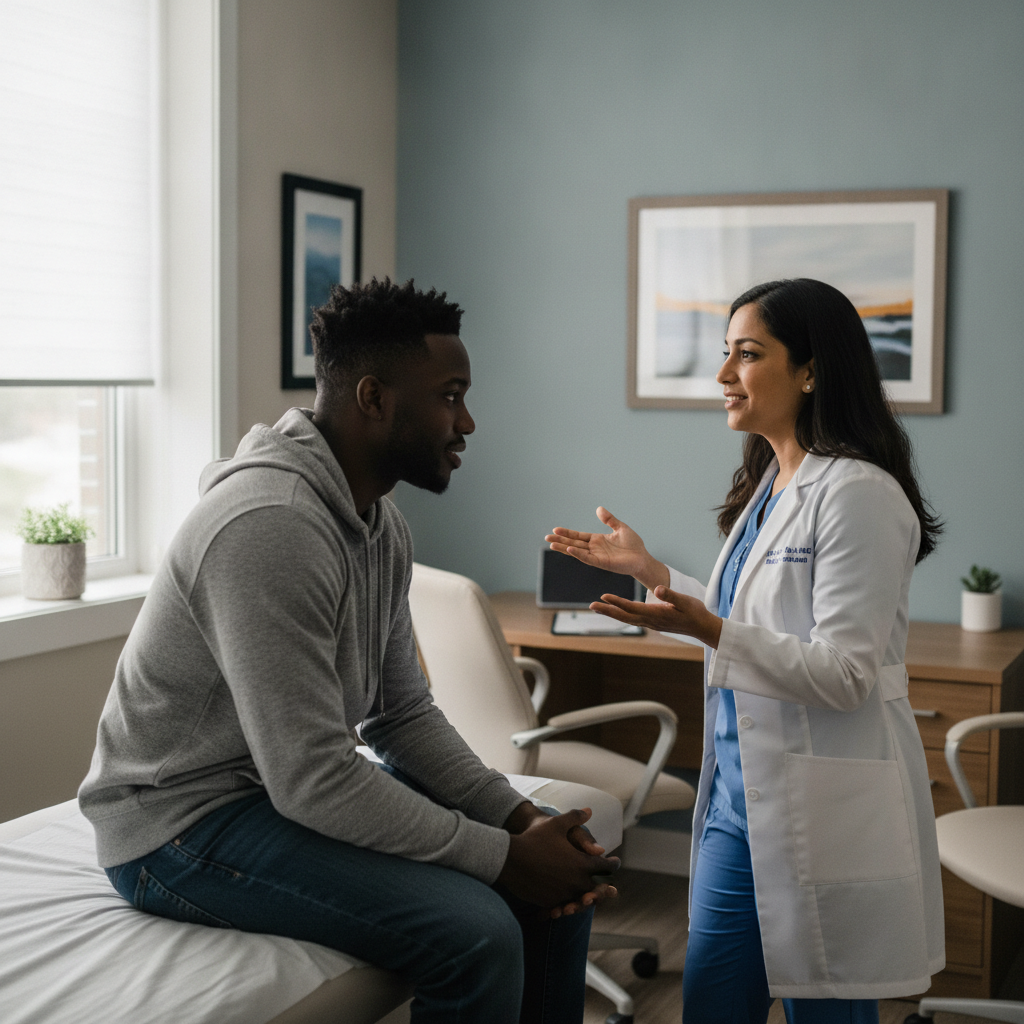 Supportive clinician-patient visit in an Ontario addiction treatment clinic discussing a monthly Sublocade plan
