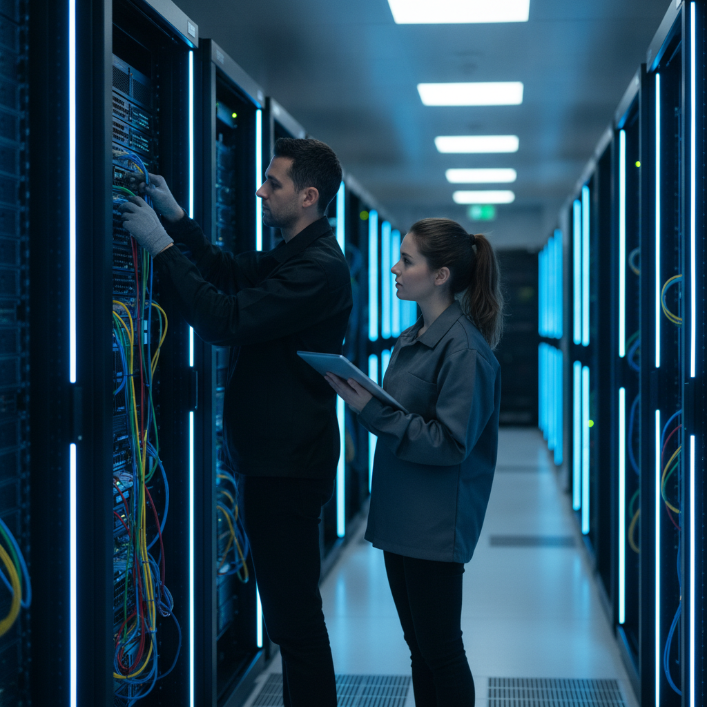 Technicians managing servers and networks to support crawlability, indexing, and site performance in a technical SEO audit