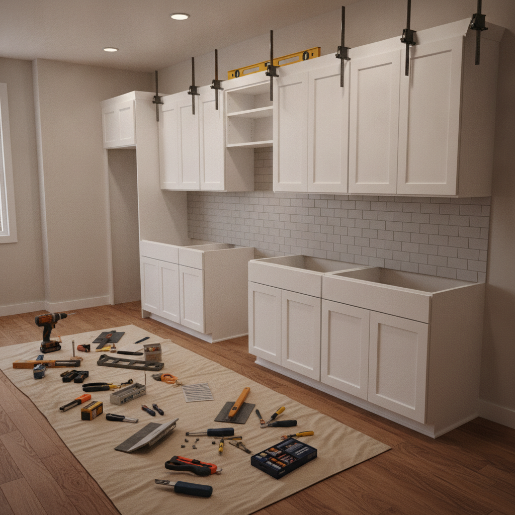 Work-in-progress apartment kitchen renovation in London showing cabinet installation and backsplash prep