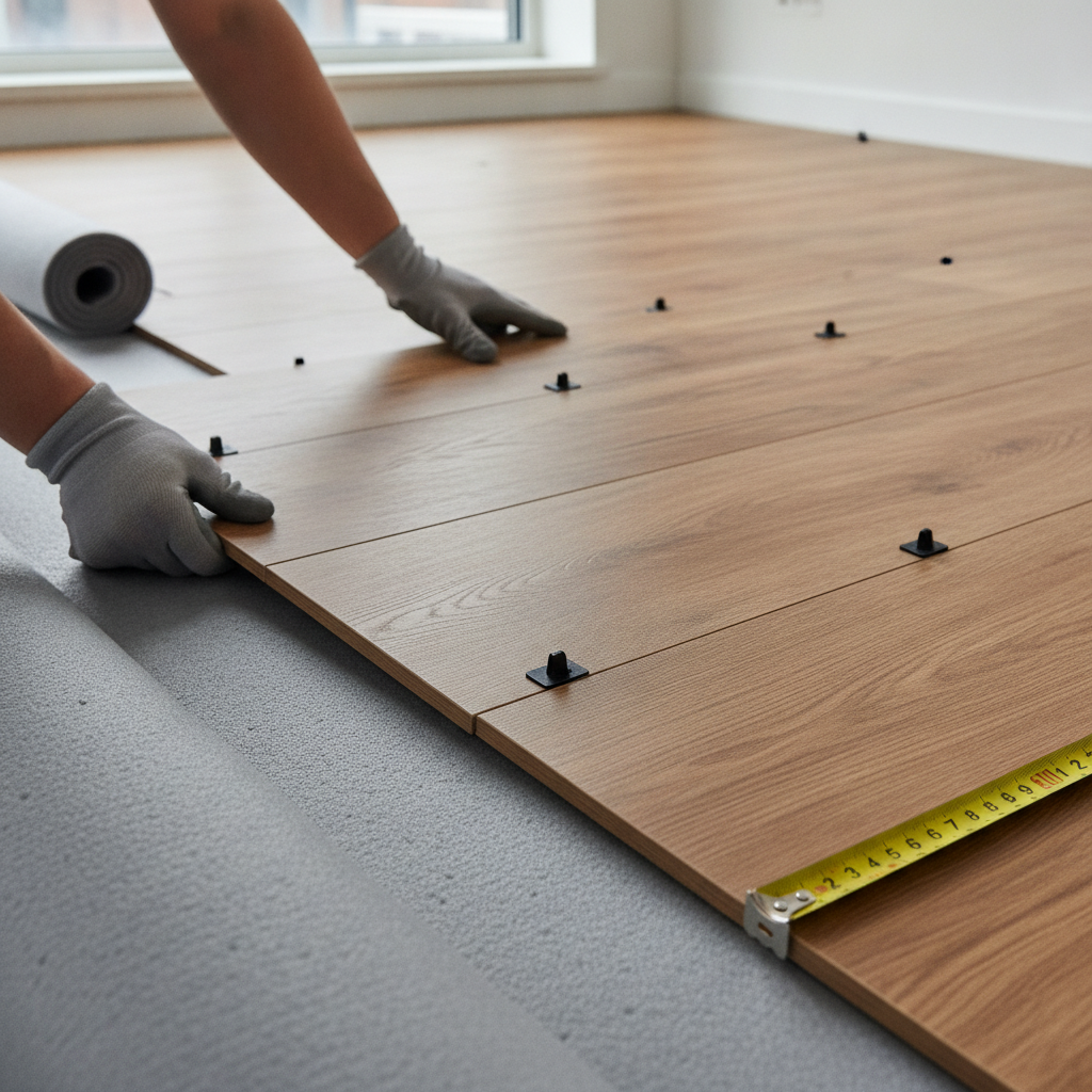 Close-up of apartment flooring installation showing luxury vinyl plank detail for rental durability