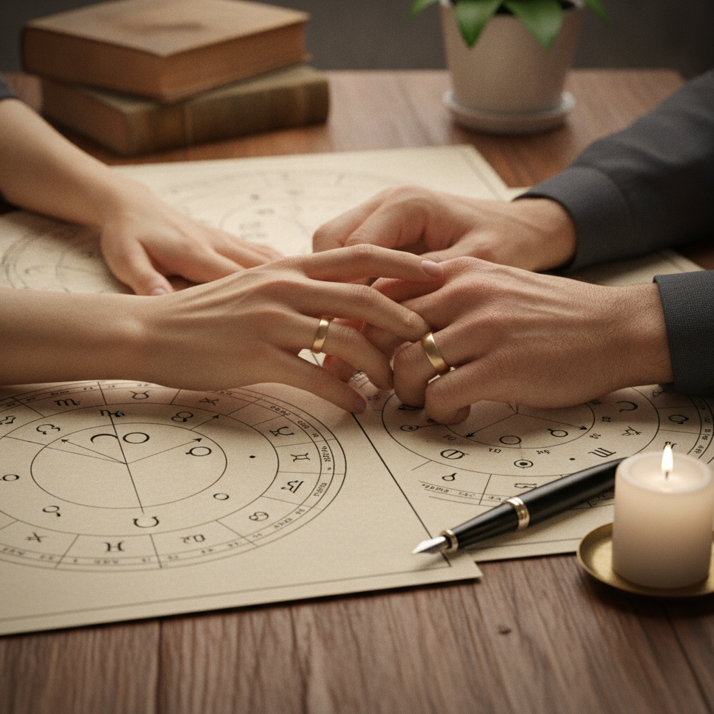 Close-up of couple reviewing natal charts and a compatibility wheel for relationship compatibility for marriage
