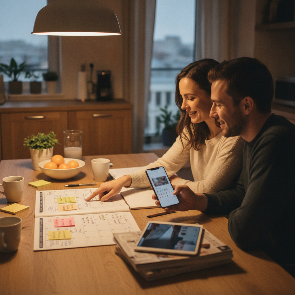 Engaged couple planning wedding steps and timelines that align with muhurat and compatibility insights
