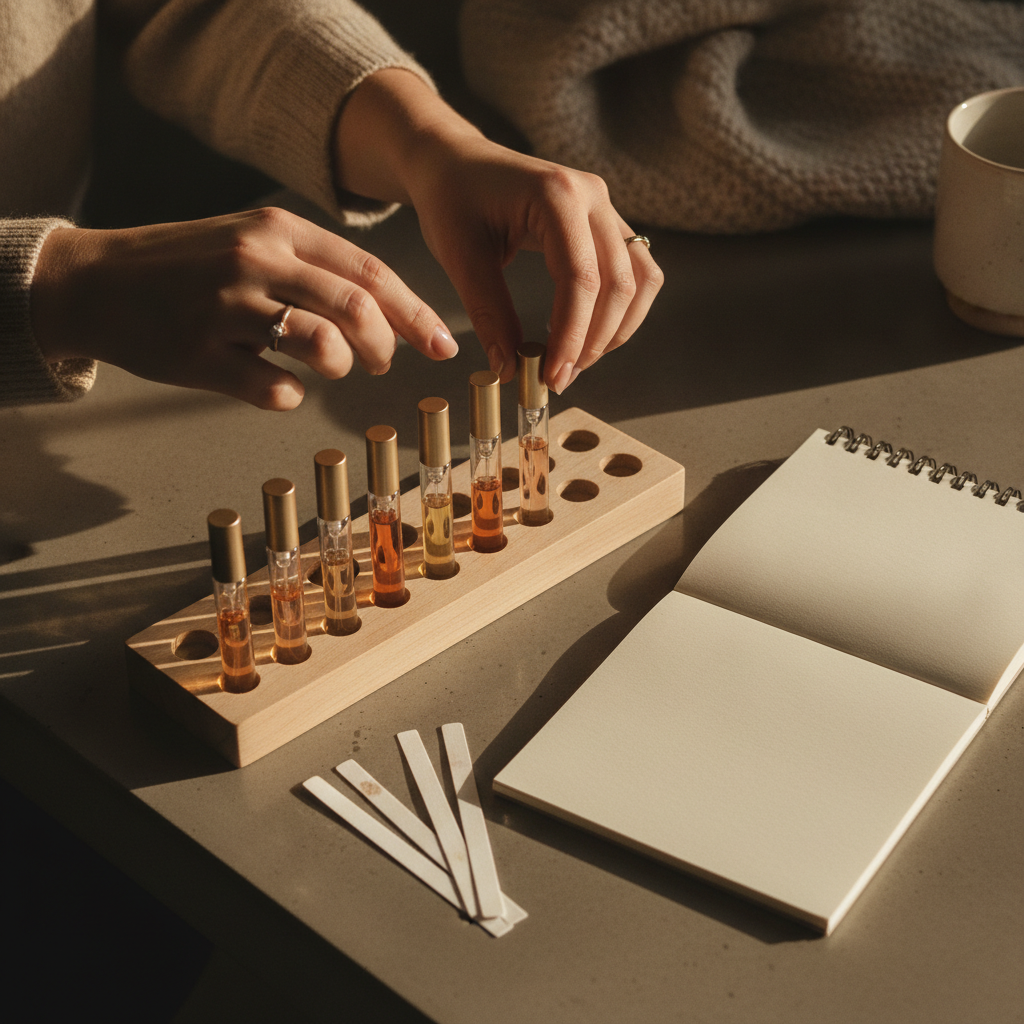 Top-down view of discovery set perfume vials with blotter strips for sampling sophisticated fragrances at home