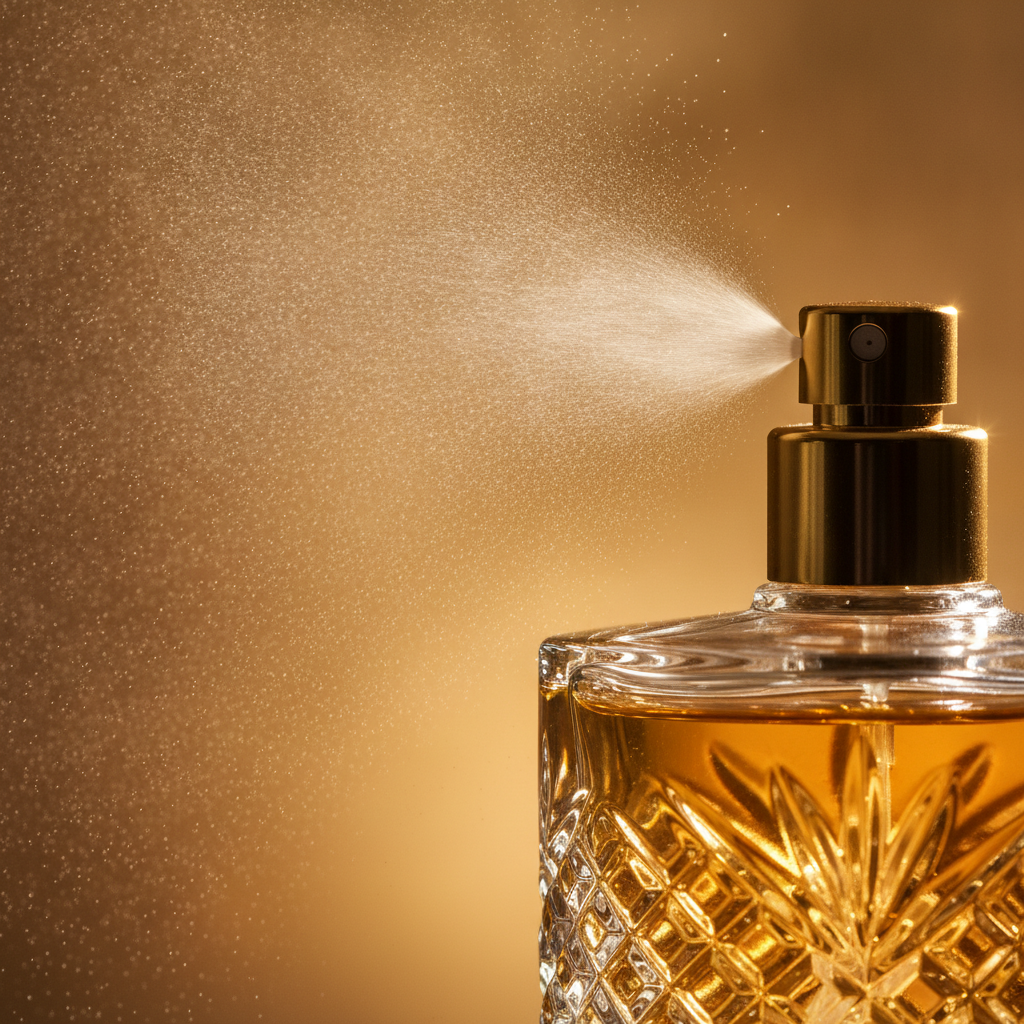 Close-up of a refined perfume atomizer mist, illustrating how sophisticated fragrances project scent and balance sillage