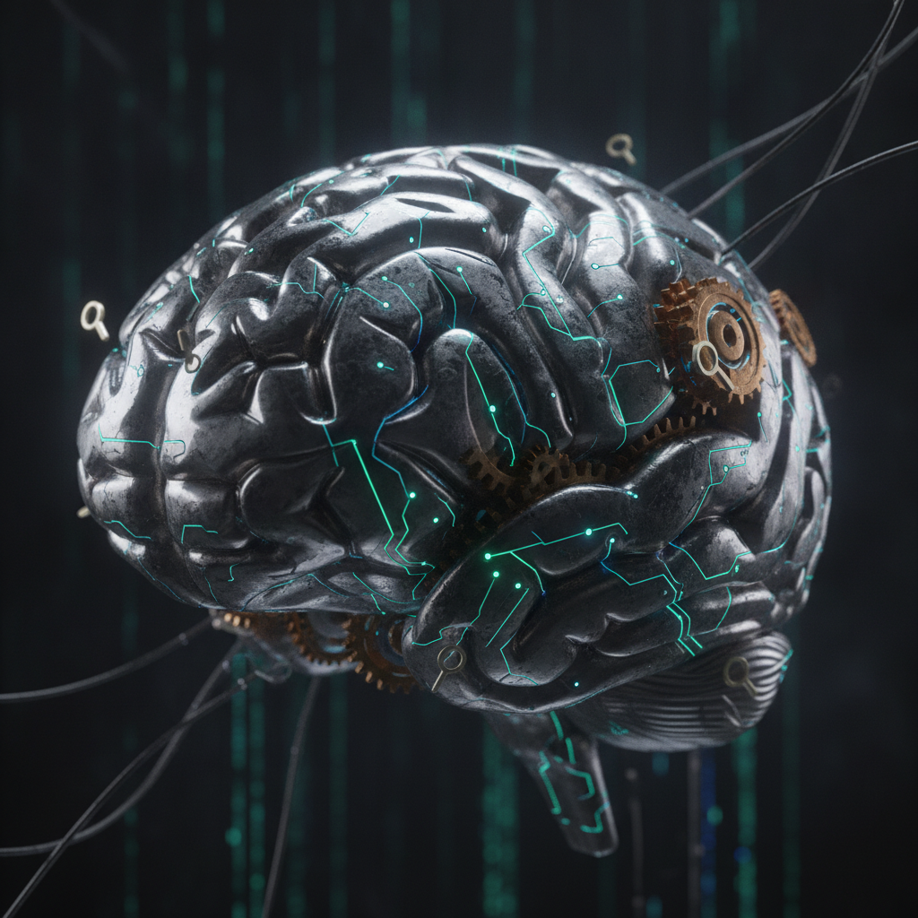 Close-up AI brain representing automated SEO engine coordinating keyword research, on-page optimization, and internal linking