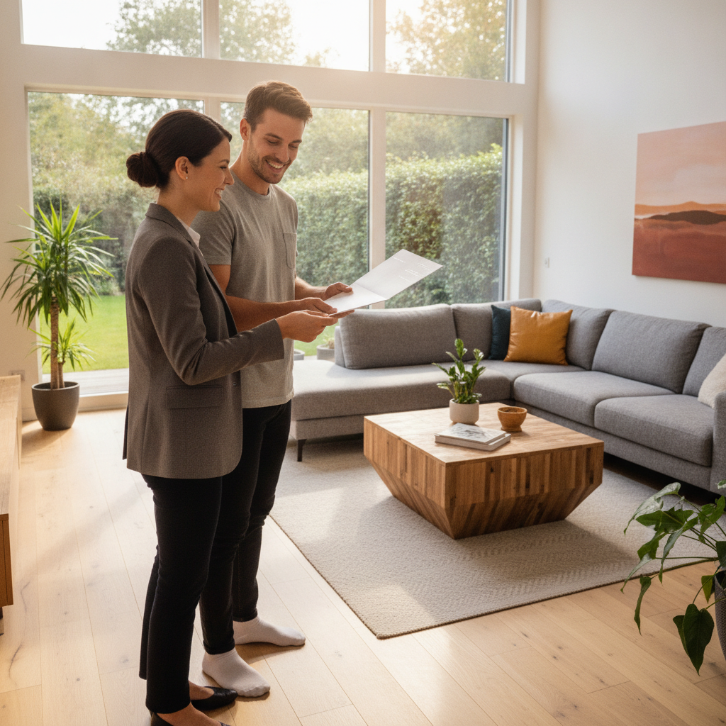 Realtor handing folded brochure to homebuyers at open house, using correct listing brochure dimensions and folds
