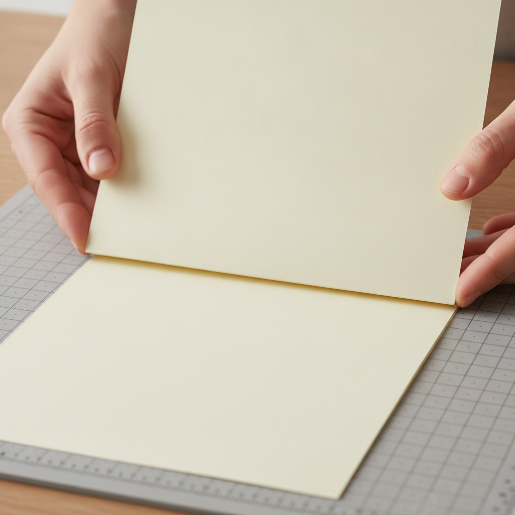 Close-up of tri-fold brochure setup on scoring board, showing accurate folds for folded brochure sizes for listings