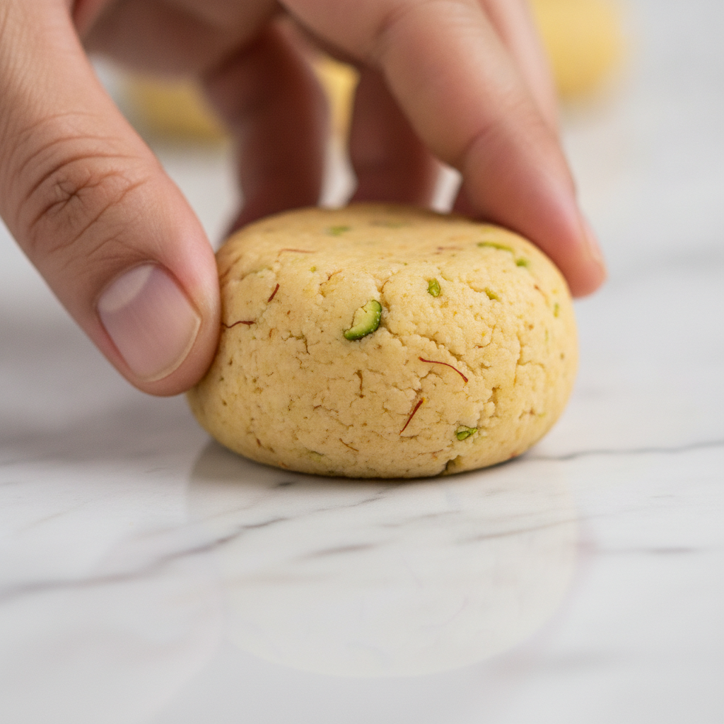 Close-up of saffron pistachio Indian milk sweet peda being shaped by hand, showing khoya texture and ghee sheen