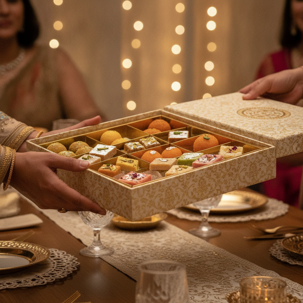 Elegant gift box of assorted Indian milk sweets on a celebration table, ideal for Brampton gifting and weddings