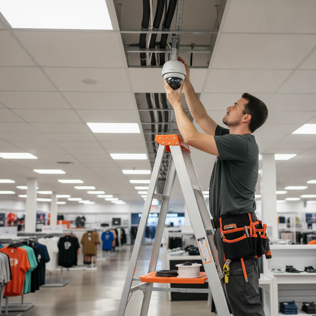 Commercial electrician installing a CCTV dome camera on a ceiling grid during a licensed retail fit-out near Kingston Tennessee