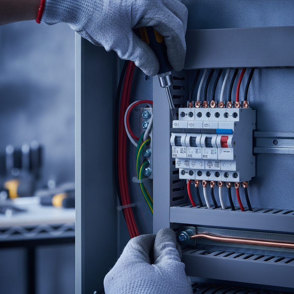 Close-up of licensed electrician torquing a breaker lug inside a modern load center for code-compliant panel upgrades in Tennessee