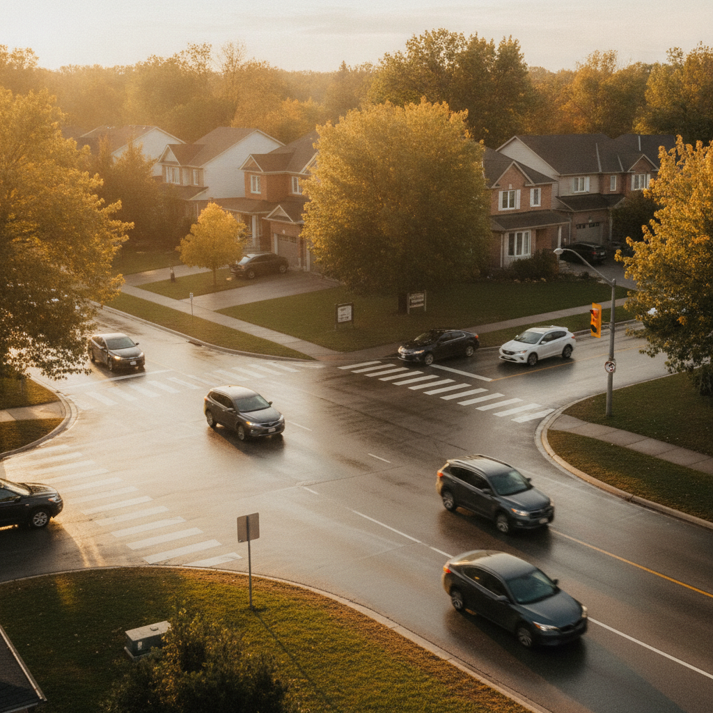 Whitby suburban intersection at golden hour, illustrating local driving patterns that influence average auto insurance in Ontario