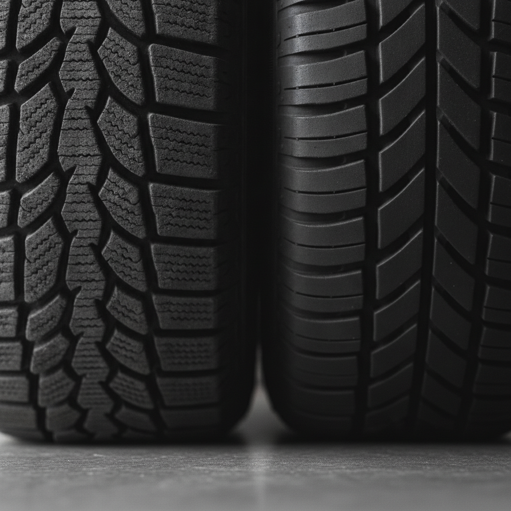 Close-up of winter vs. all-season tire tread illustrating Ontario driving risk and average auto insurance factors