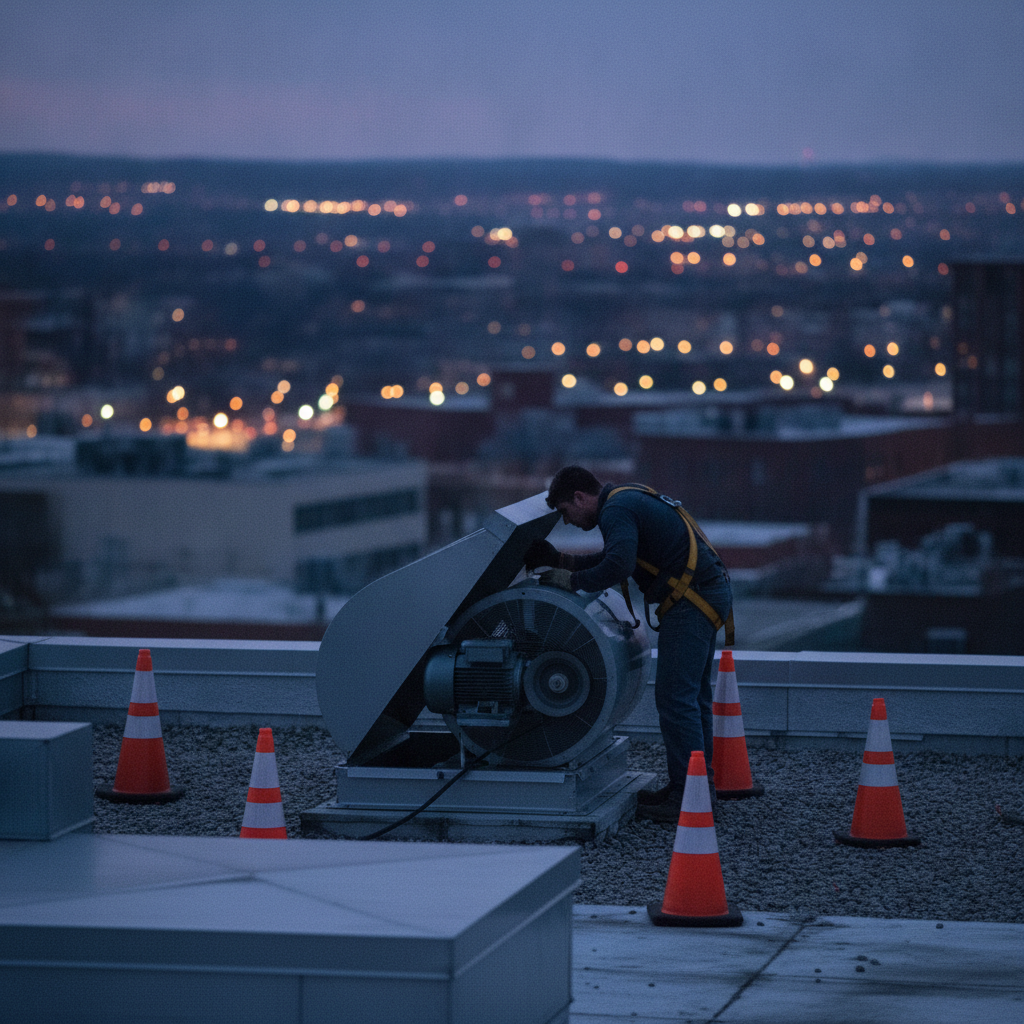 Technician inspecting rooftop exhaust fan and belt during restaurant hood maintenance