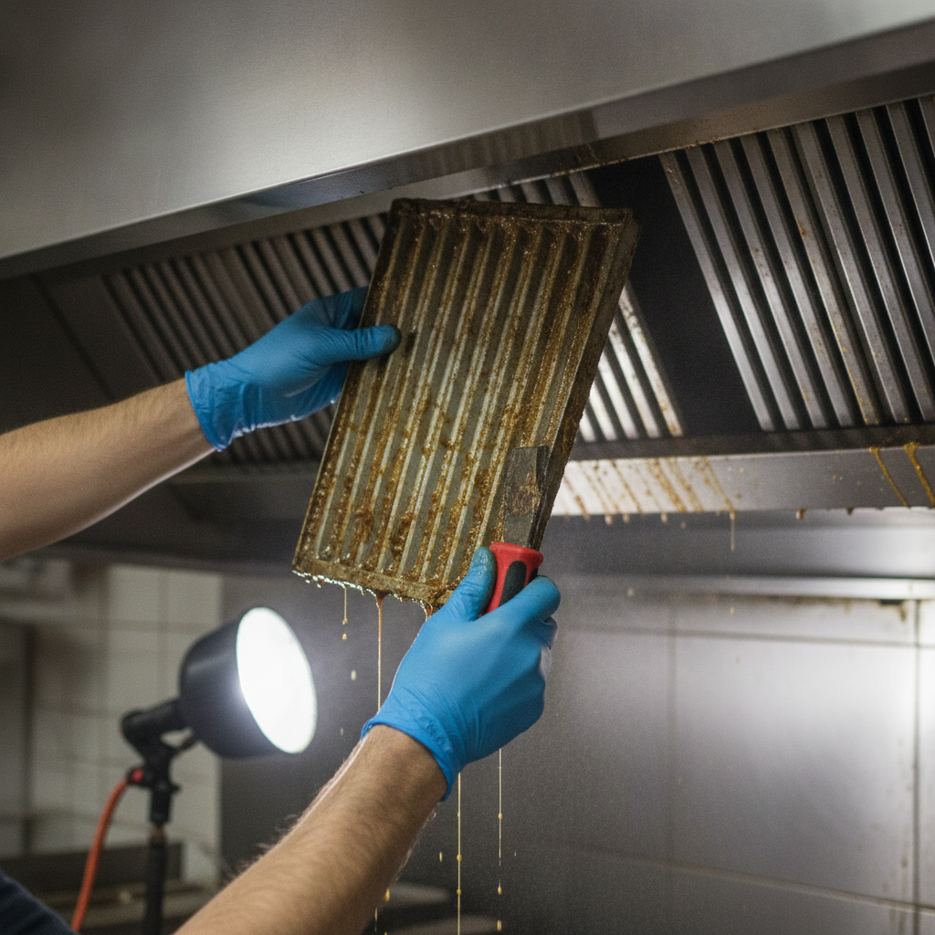 Close-up of baffle filter degreasing during restaurant hood cleaning in Ontario kitchen