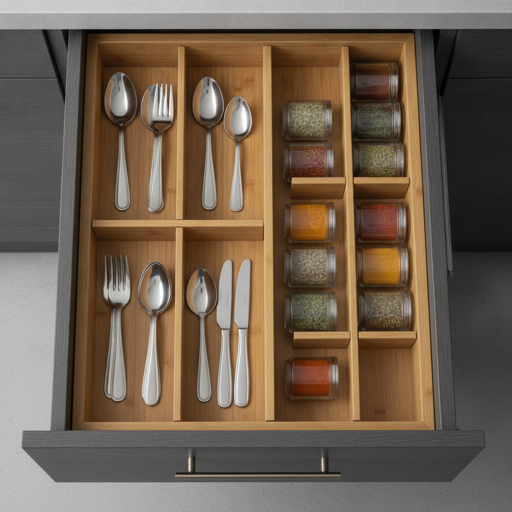 Functional Kitchen Design: Step-by-Step Plan for 2026 1 Organized deep kitchen drawer with dividers, spice pull-out, and soft-close hardware for functional kitchen design storage optimization