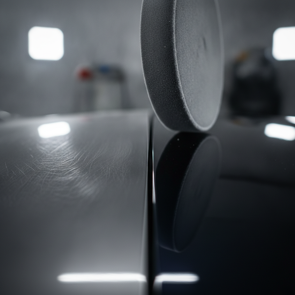 Macro close-up of a car clear coat showing paint correction before and after: swirls and haze versus glossy finish, ideal for deciding when to choose paint correction over polishing